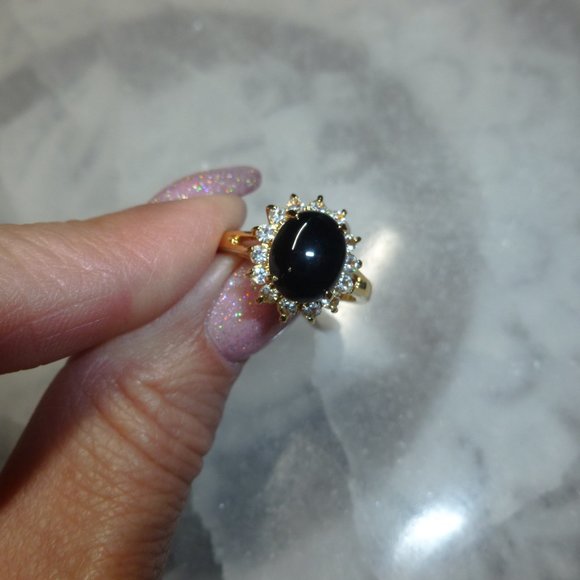 18k Yellow Gold EP Onyx Halo Swarovski Crystal Dolphin Ore Ring - Picture 9 of 11